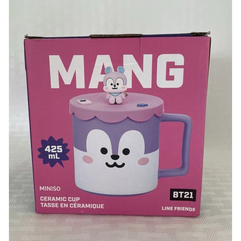 BT21 MANG Ceramic Mug Cup 425ml BTS Line Friends Miniso Pink Lid Topper Cover